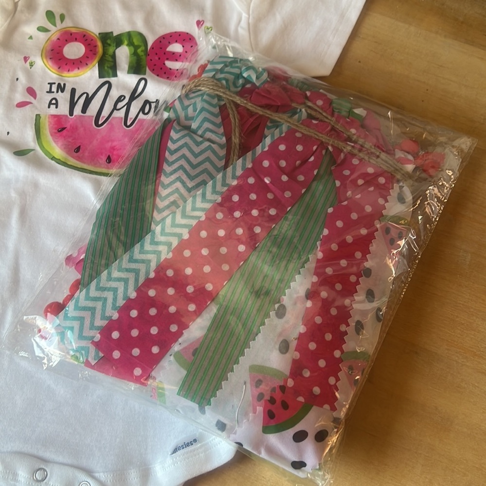 One in a Melon Birthday Onsie and Birthday Decoration kit. Watermelon themed